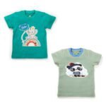 Boys Printed 100%Organic Cotton Elephant & panda Printed Round Neck T-Shirt Combo Pack of 2-Green and Blue