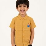 Boys Organic Cotton Seer sucker Short Sleeve Boat Embroidered Applique  Shirt - Yellow